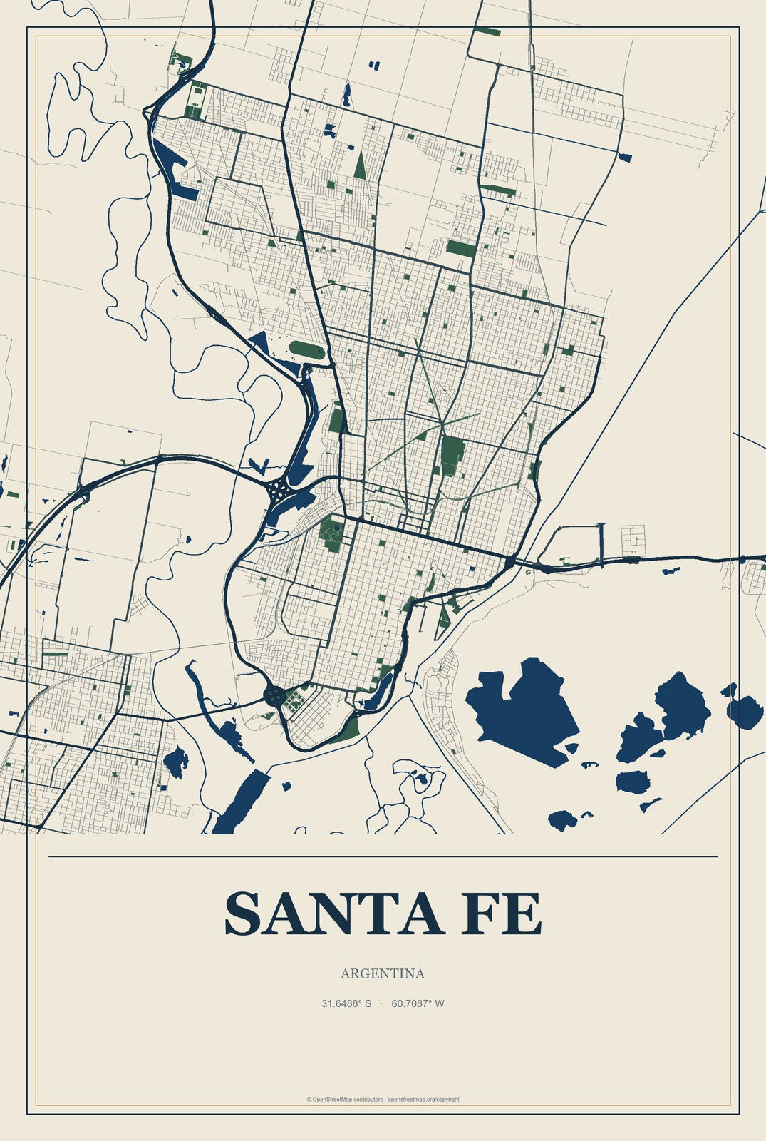 Santa Fe, Argentina City Map Aluminum Sign in Coastal Cutout style