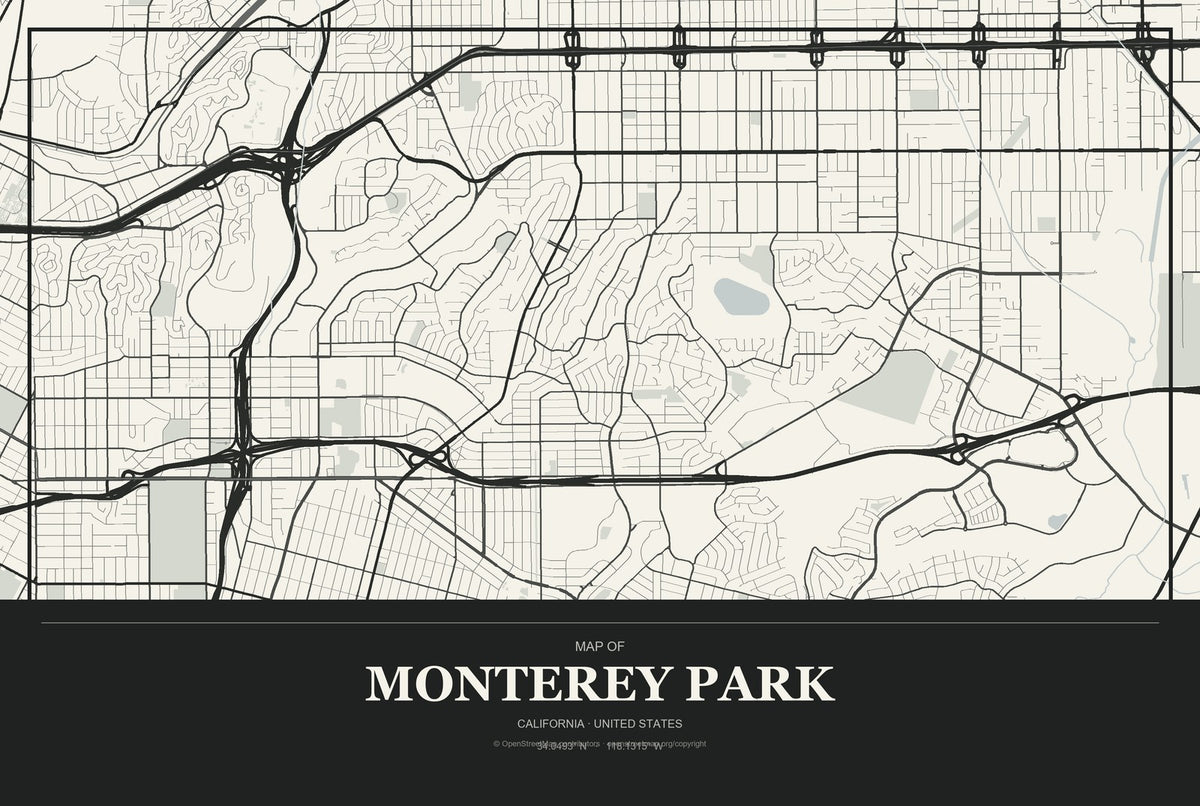 Monterey Park, California City Map Aluminum Sign in Museum Plaque style