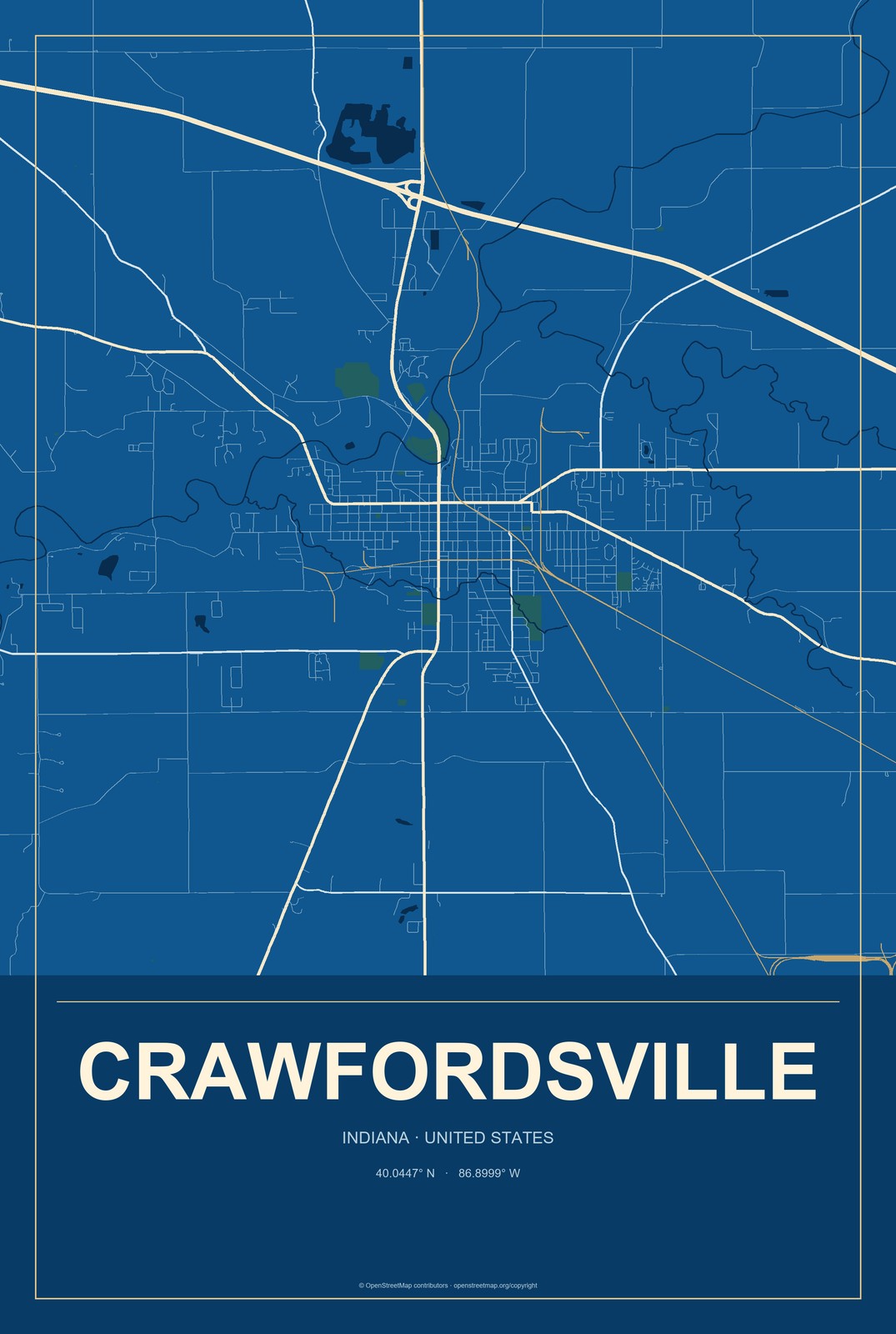 Crawfordsville, Indiana City Map Aluminum Sign in Harbor Cobalt style