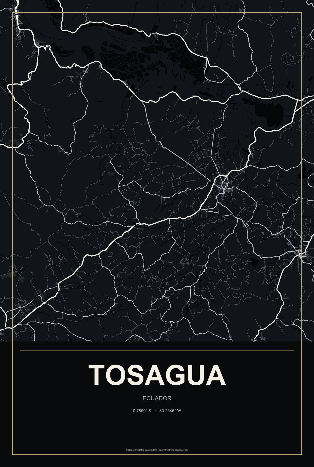 Tosagua, Ecuador City Map Aluminum Sign in Metropolitan Noir style