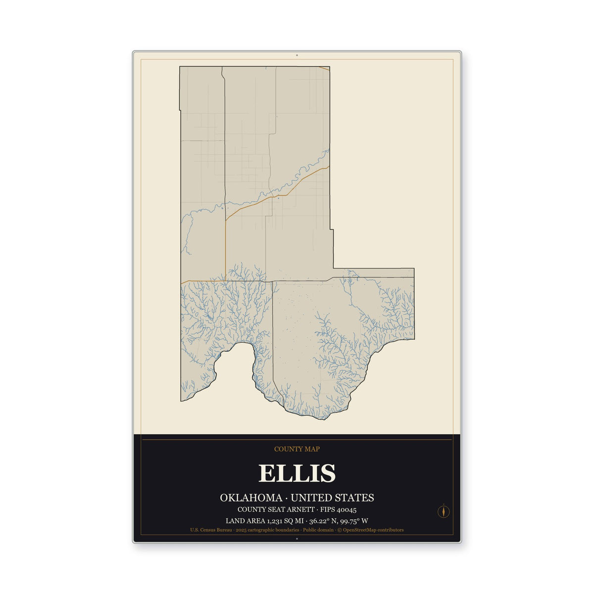 Ellis County, Oklahoma Map Aluminum Sign in Museum Plaque style