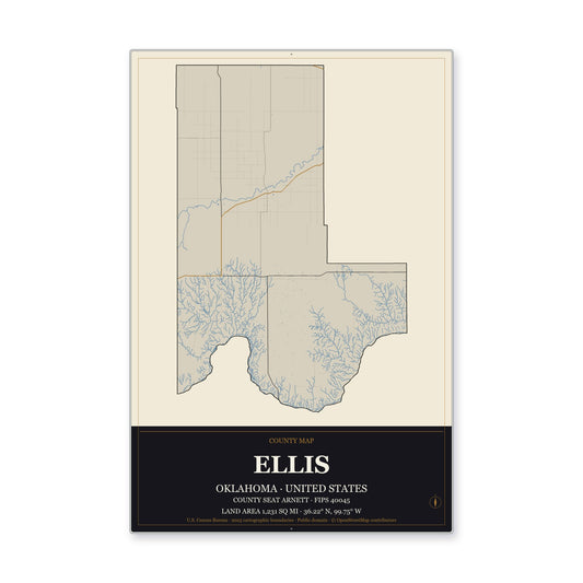 Ellis County, Oklahoma Map Aluminum Sign in Museum Plaque style