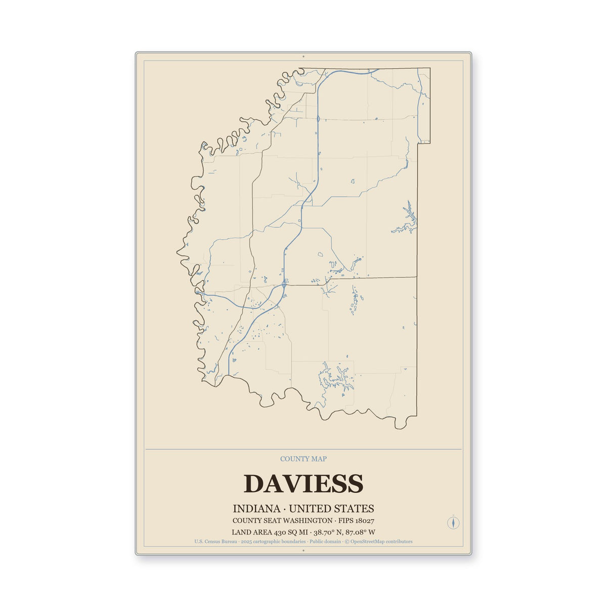 Daviess County, Indiana Map Aluminum Sign in Heritage Nautical style