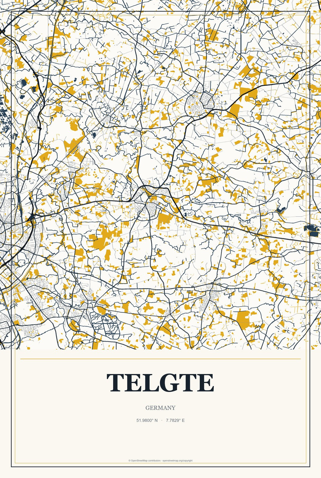 Telgte, Germany City Map Aluminum Sign in Citrine Modern style