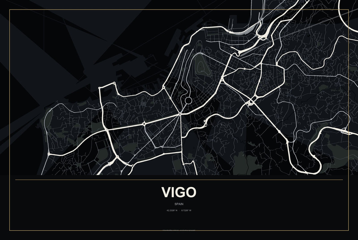 Vigo, Spain City Map Aluminum Sign in Metropolitan Noir style