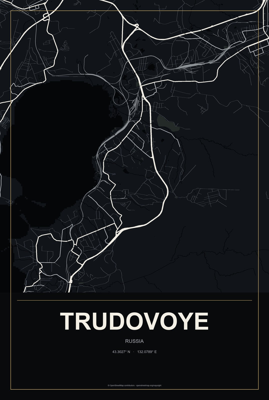Trudovoye, Russia City Map Aluminum Sign in Metropolitan Noir style