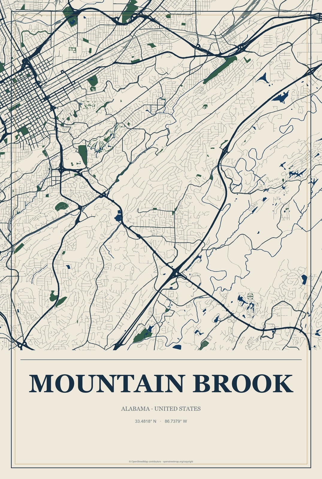 Mountain Brook, Alabama City Map Aluminum Sign in Coastal Cutout style