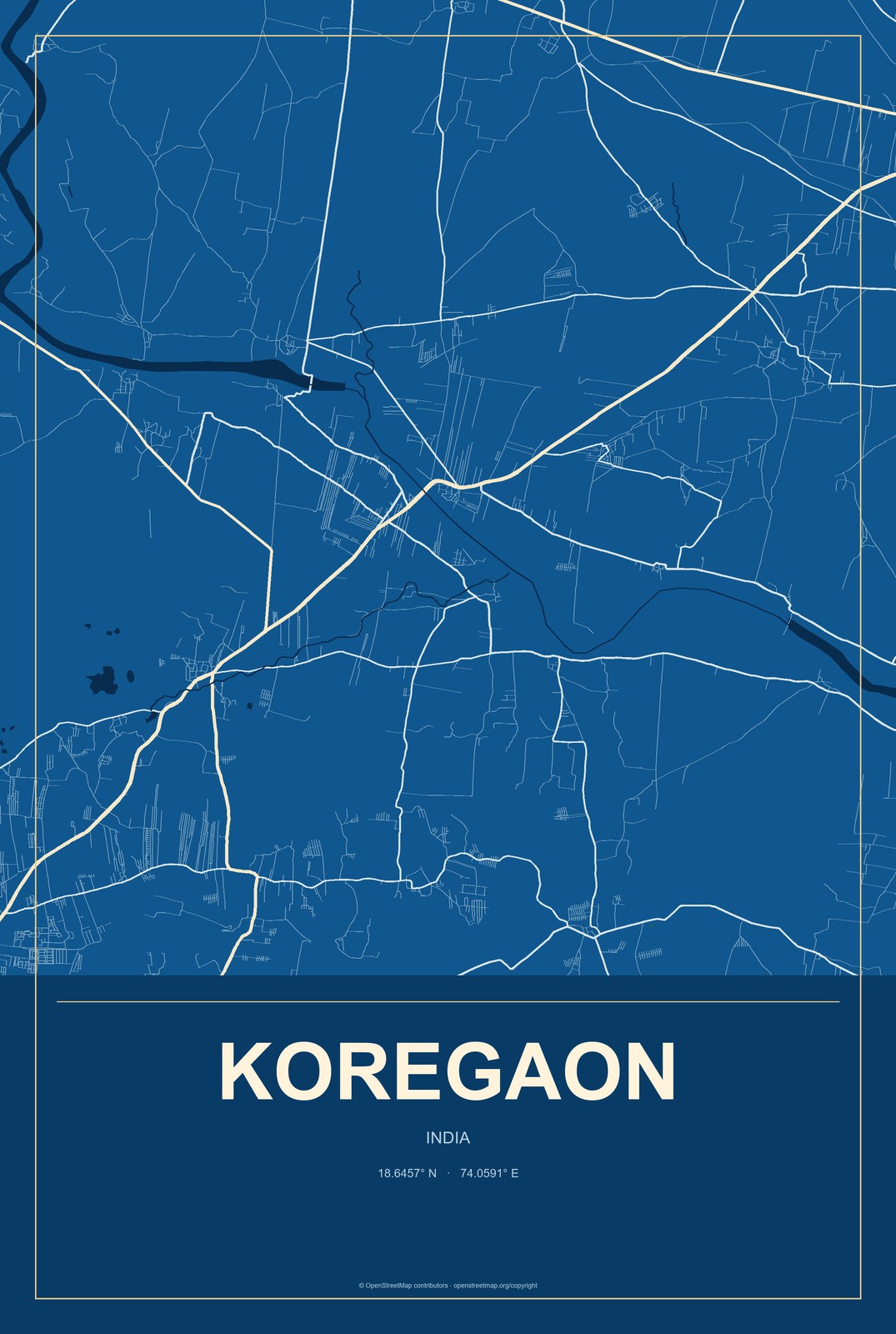 Koregaon, India City Map Aluminum Sign in Harbor Cobalt style