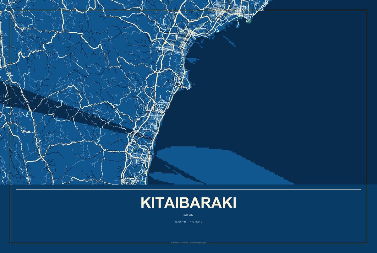 Kitaibaraki, Japan City Map Aluminum Sign in Harbor Cobalt style