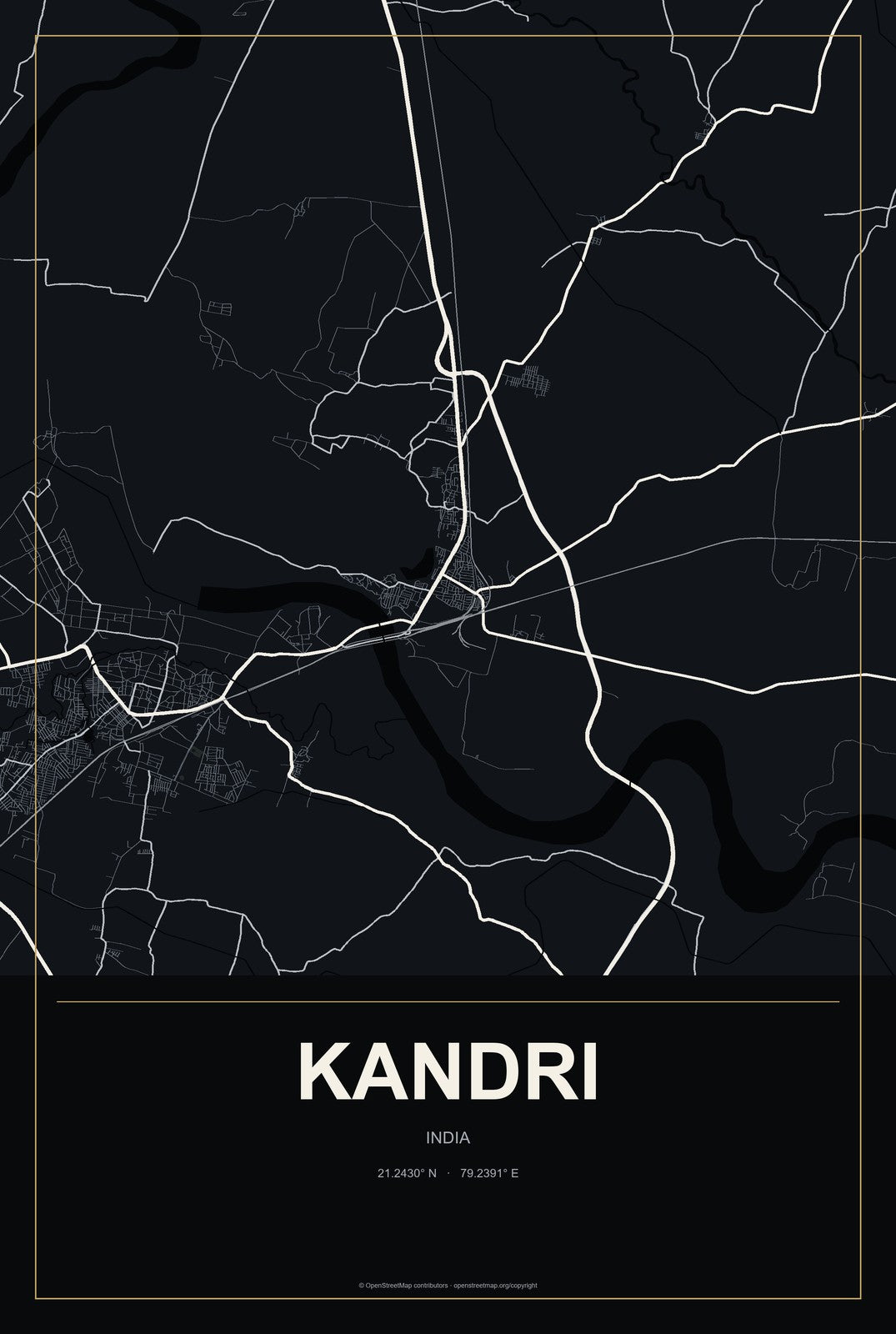 Kandri, India City Map Aluminum Sign in Metropolitan Noir style