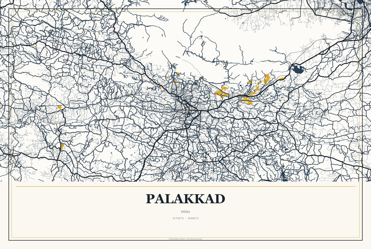 Palakkad, India City Map Aluminum Sign in Citrine Modern style