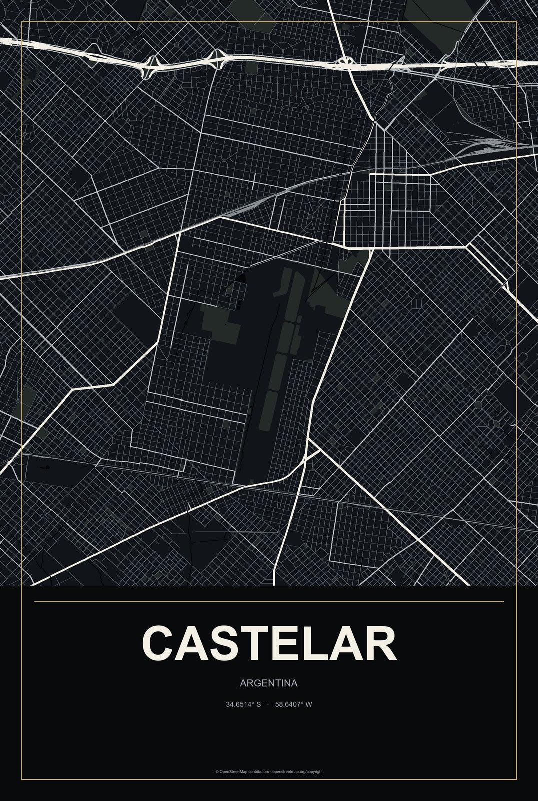 Castelar, Argentina City Map Aluminum Sign in Metropolitan Noir style