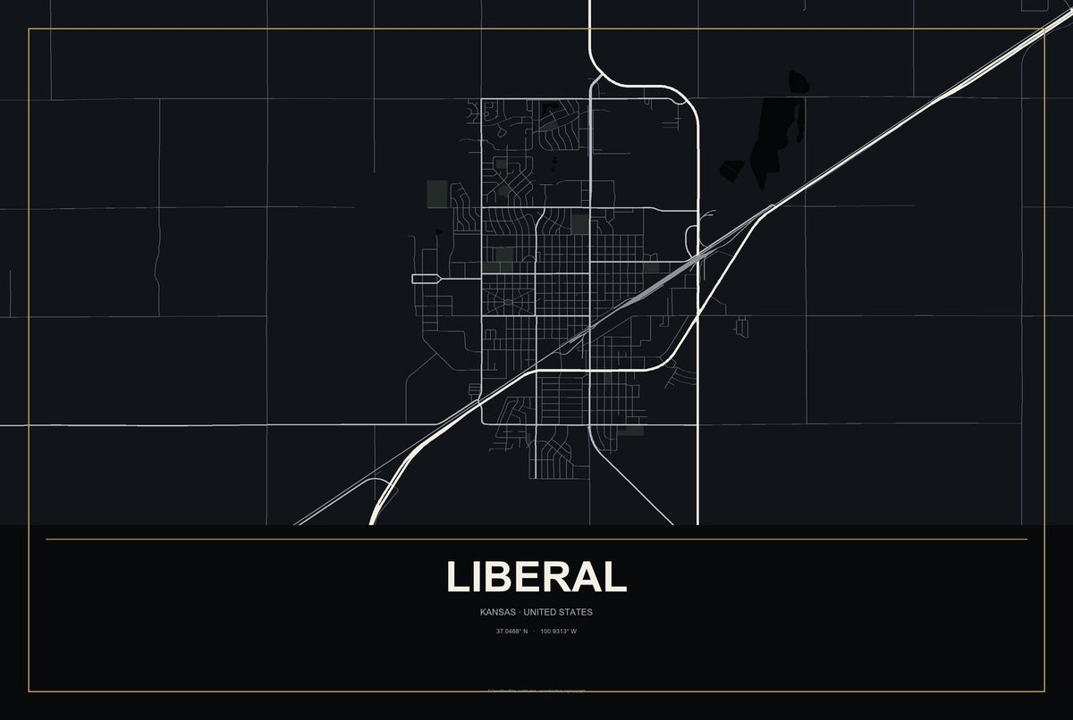 Liberal, Kansas City Map Aluminum Sign in Metropolitan Noir style