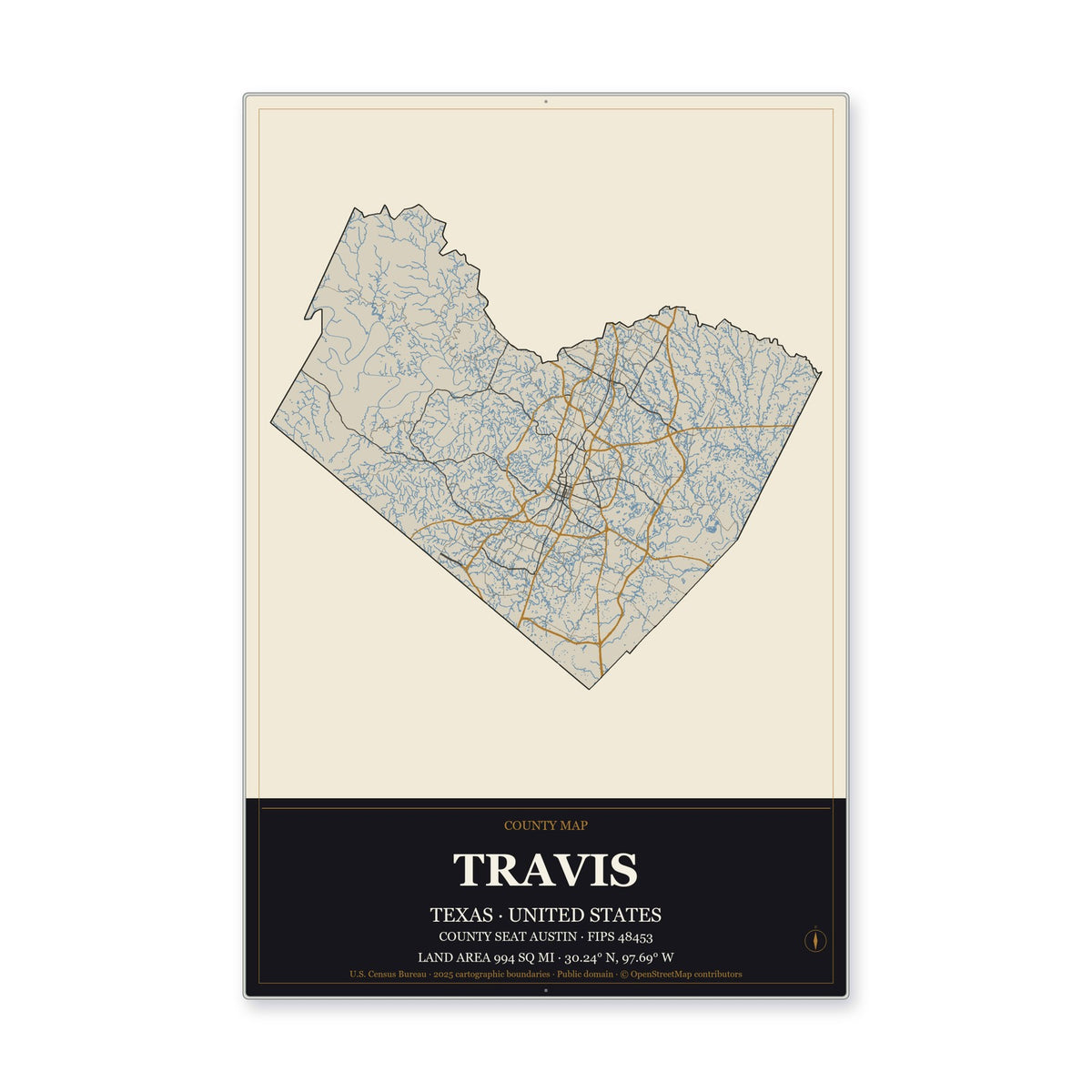 Travis County, Texas Map Aluminum Sign in Museum Plaque style