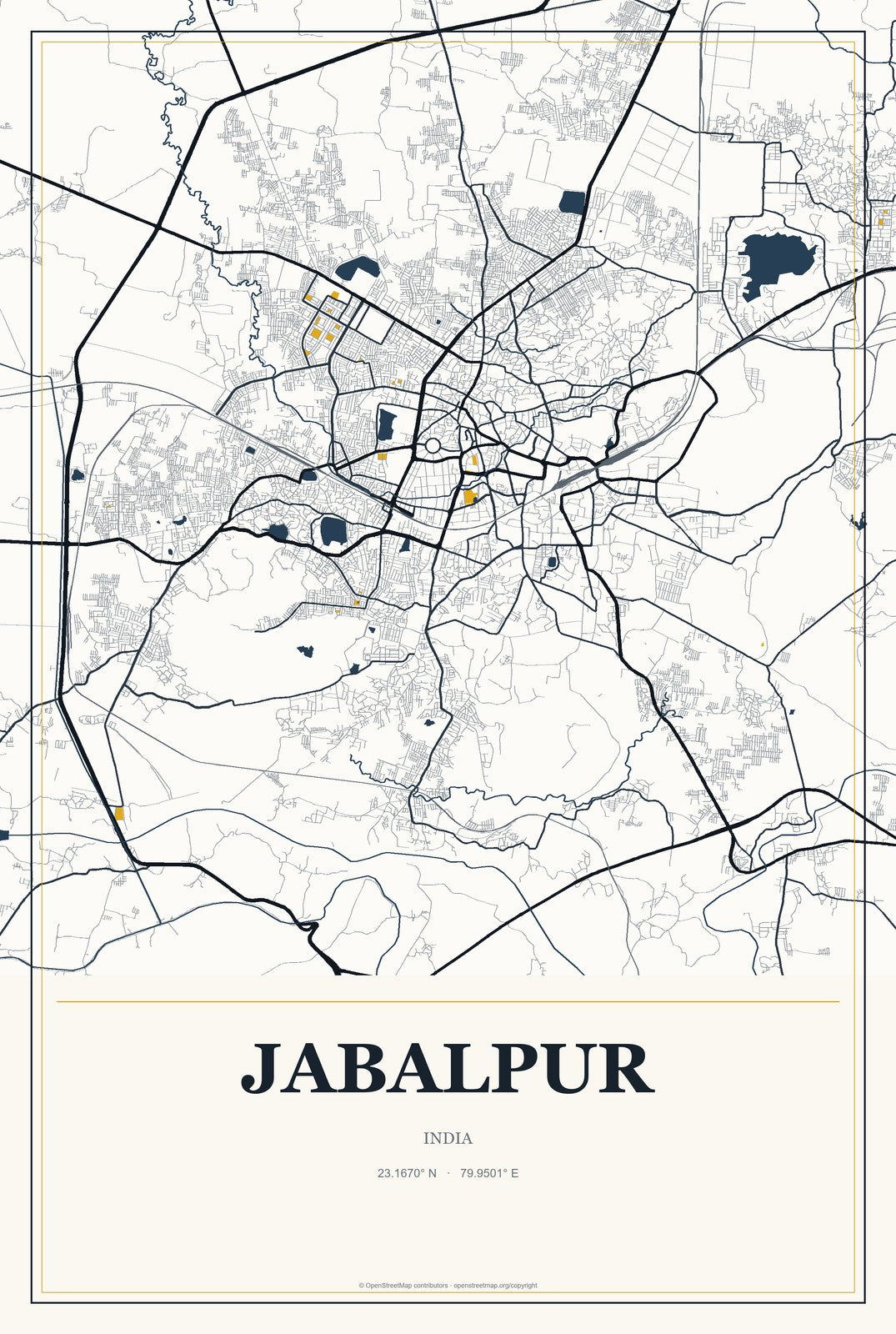 Jabalpur, India City Map Aluminum Sign in Citrine Modern style
