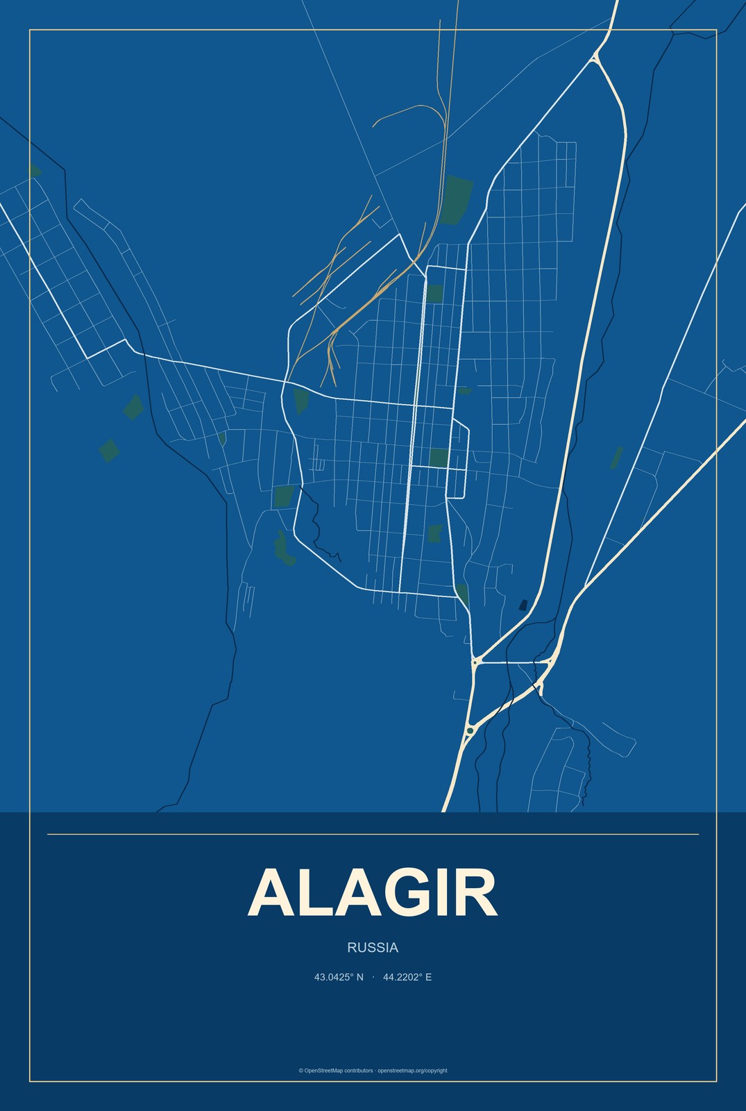 Alagir, Russia City Map Aluminum Sign in Harbor Cobalt style