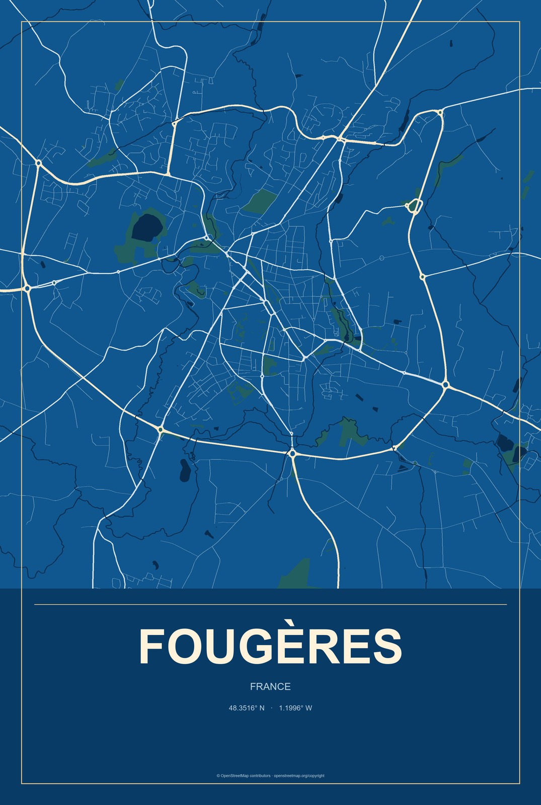 Fougères, France City Map Aluminum Sign in Harbor Cobalt style