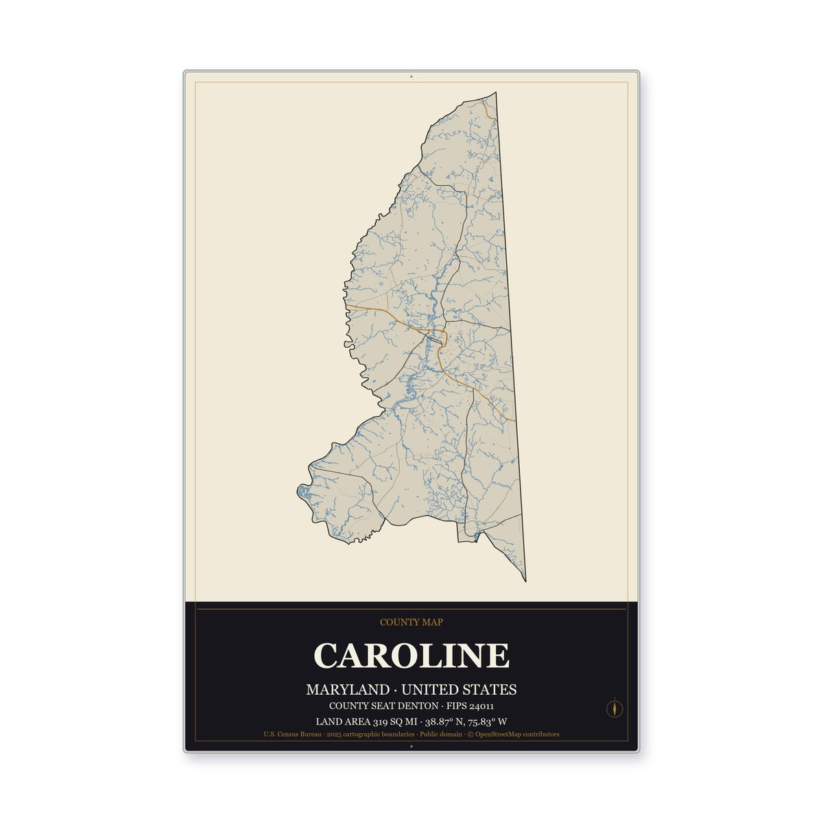 Caroline County, Maryland Map Aluminum Sign in Museum Plaque style