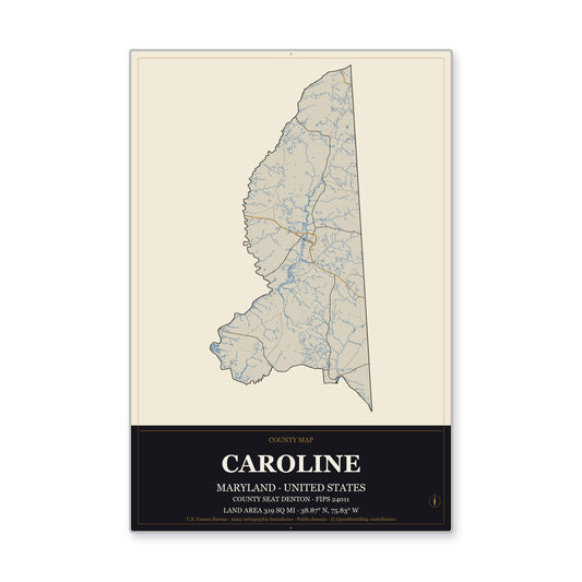 Caroline County, Maryland Map Aluminum Sign in Museum Plaque style