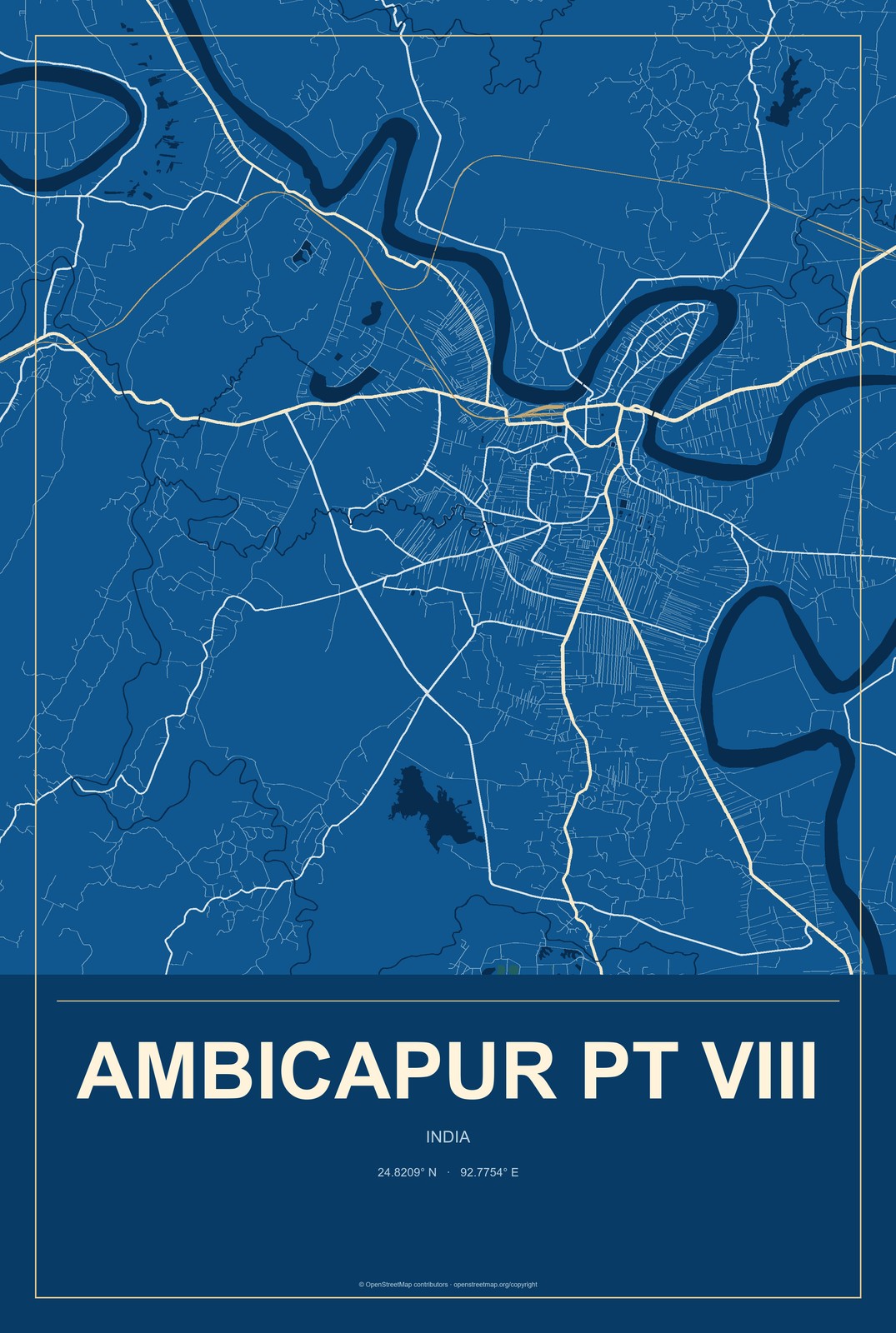 Ambicapur Pt VIII, India City Map Aluminum Sign in Harbor Cobalt style