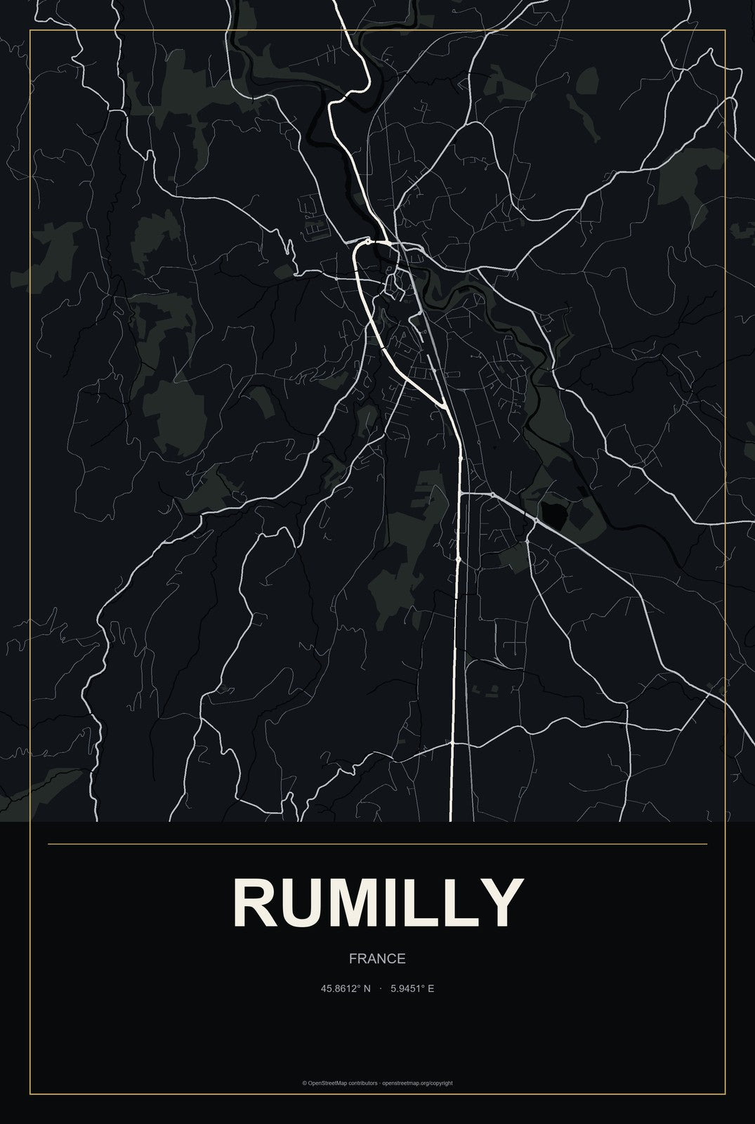 Rumilly, France City Map Aluminum Sign in Metropolitan Noir style