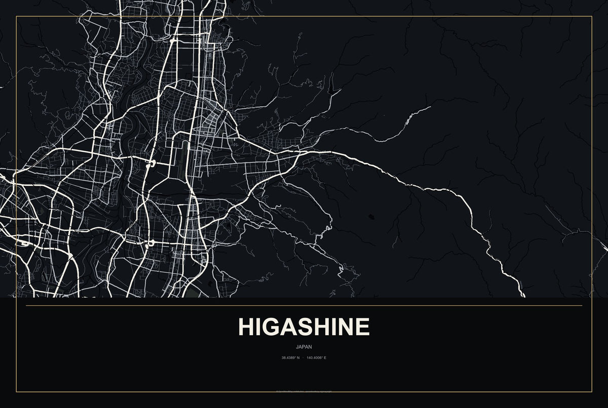 Higashine, Japan City Map Aluminum Sign in Metropolitan Noir style
