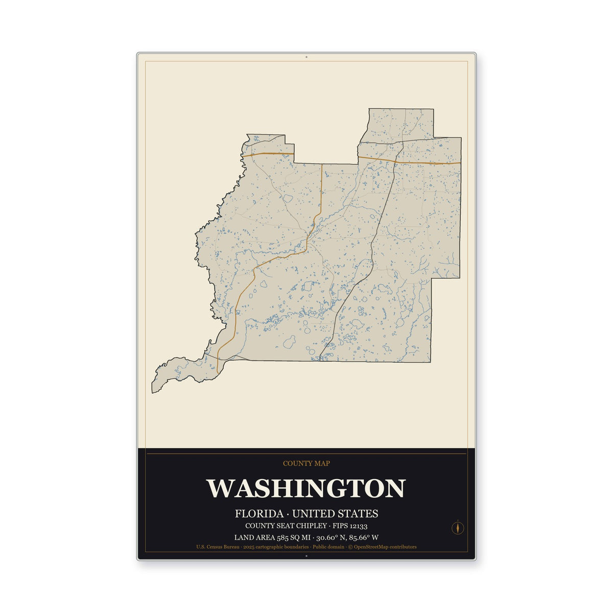Washington County, Florida Map Aluminum Sign in Museum Plaque style