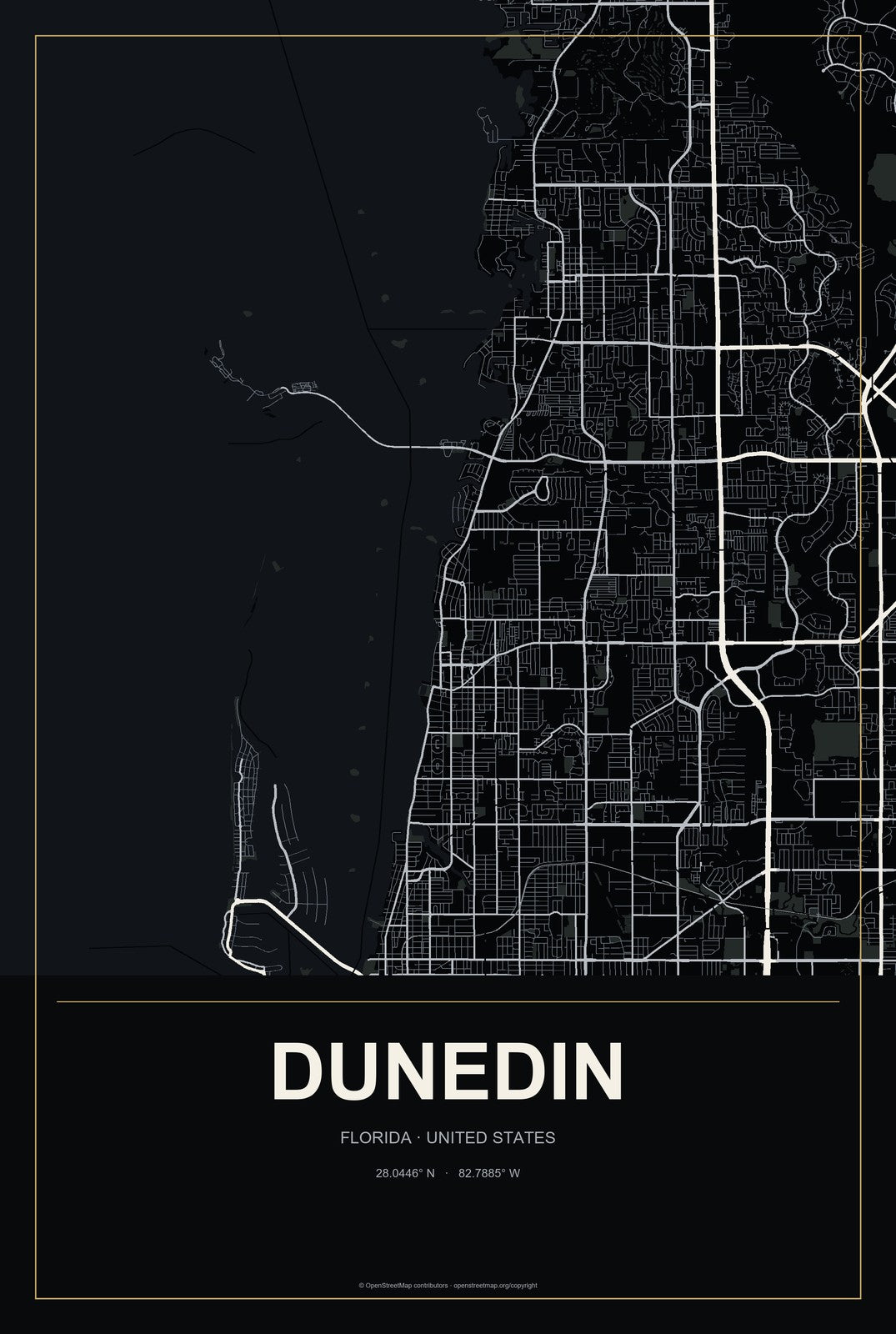 Dunedin, Florida City Map Aluminum Sign in Metropolitan Noir style