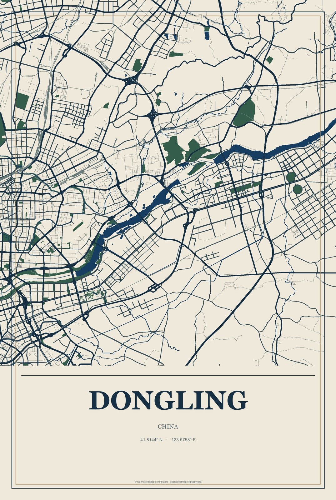 Dongling, China City Map Aluminum Sign in Coastal Cutout style