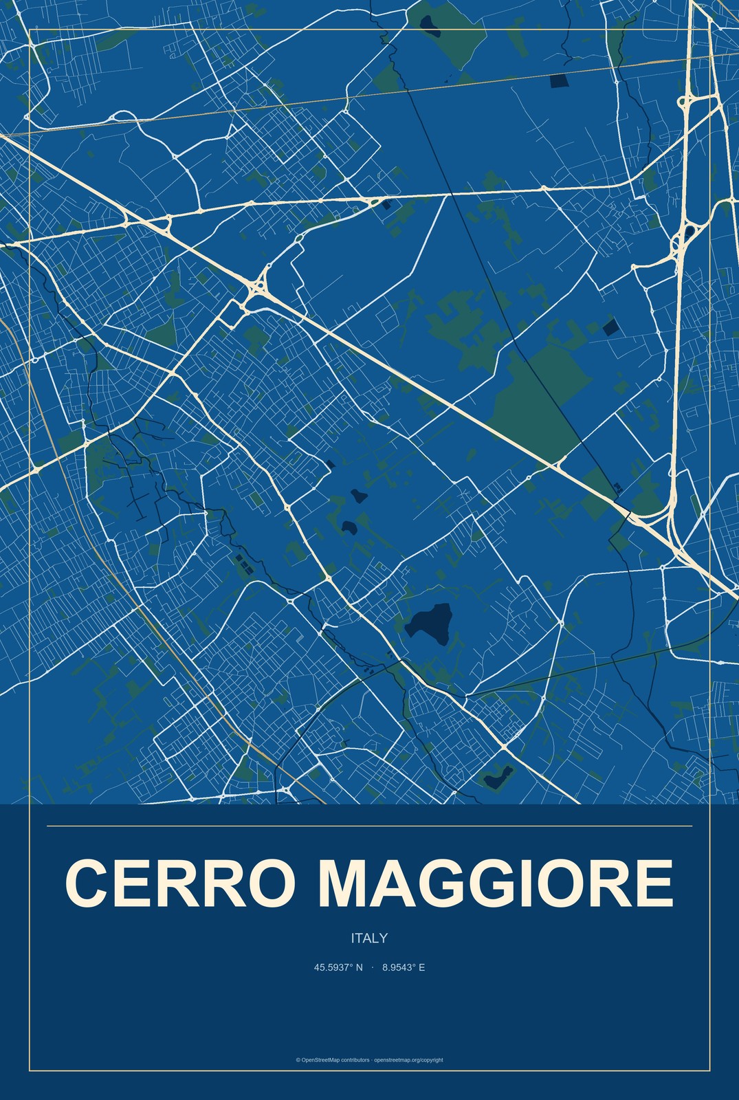 Cerro Maggiore, Italy City Map Aluminum Sign in Harbor Cobalt style