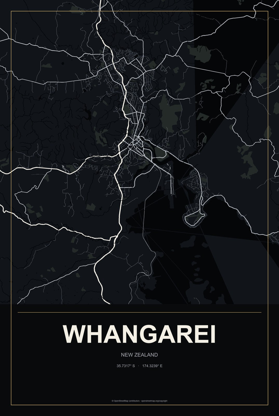 Whangarei, New Zealand City Map Aluminum Sign in Metropolitan Noir style