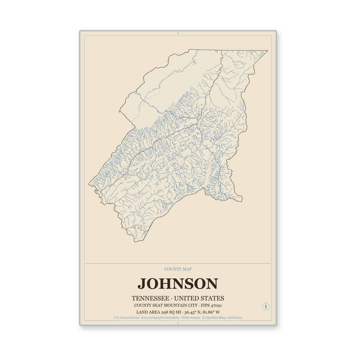 Johnson County, Tennessee Map Aluminum Sign in Heritage Nautical style