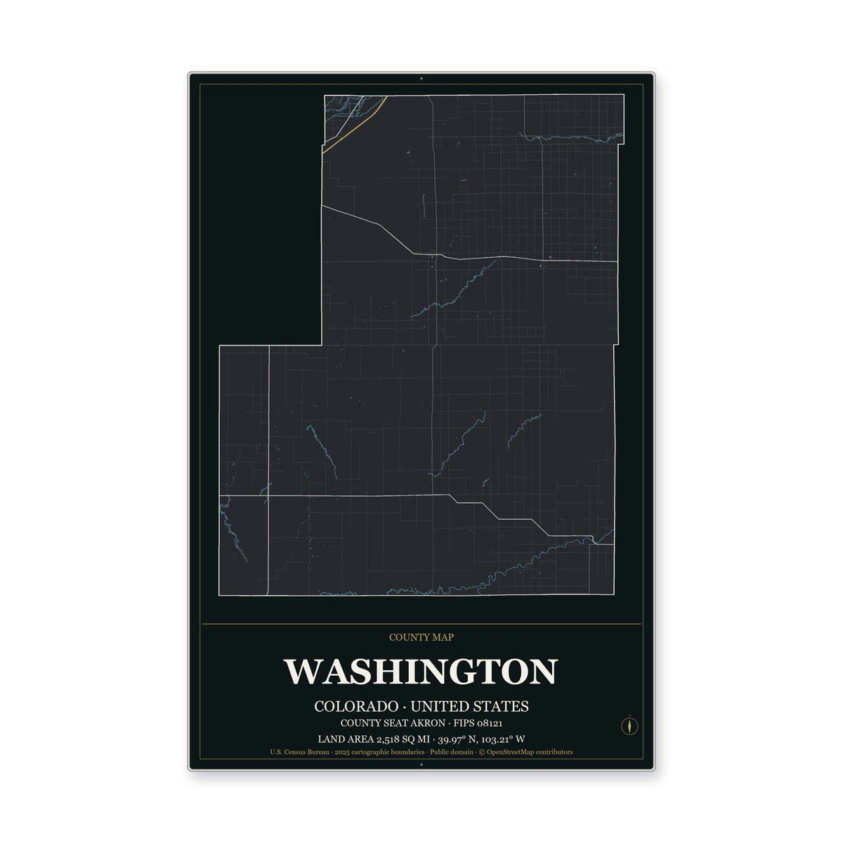 Washington County, Colorado Map Aluminum Sign in Metropolitan Noir style
