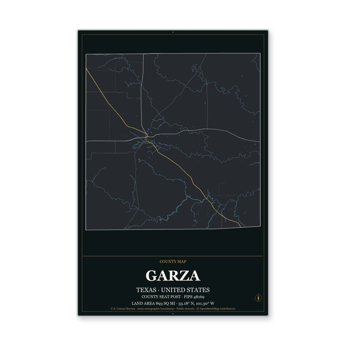 Garza County, Texas Map Aluminum Sign in Metropolitan Noir style