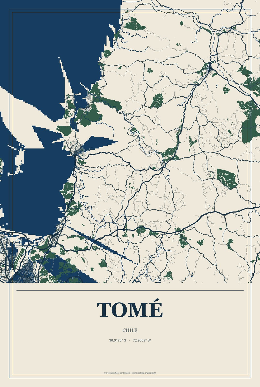 Tomé, Chile City Map Aluminum Sign in Coastal Cutout style