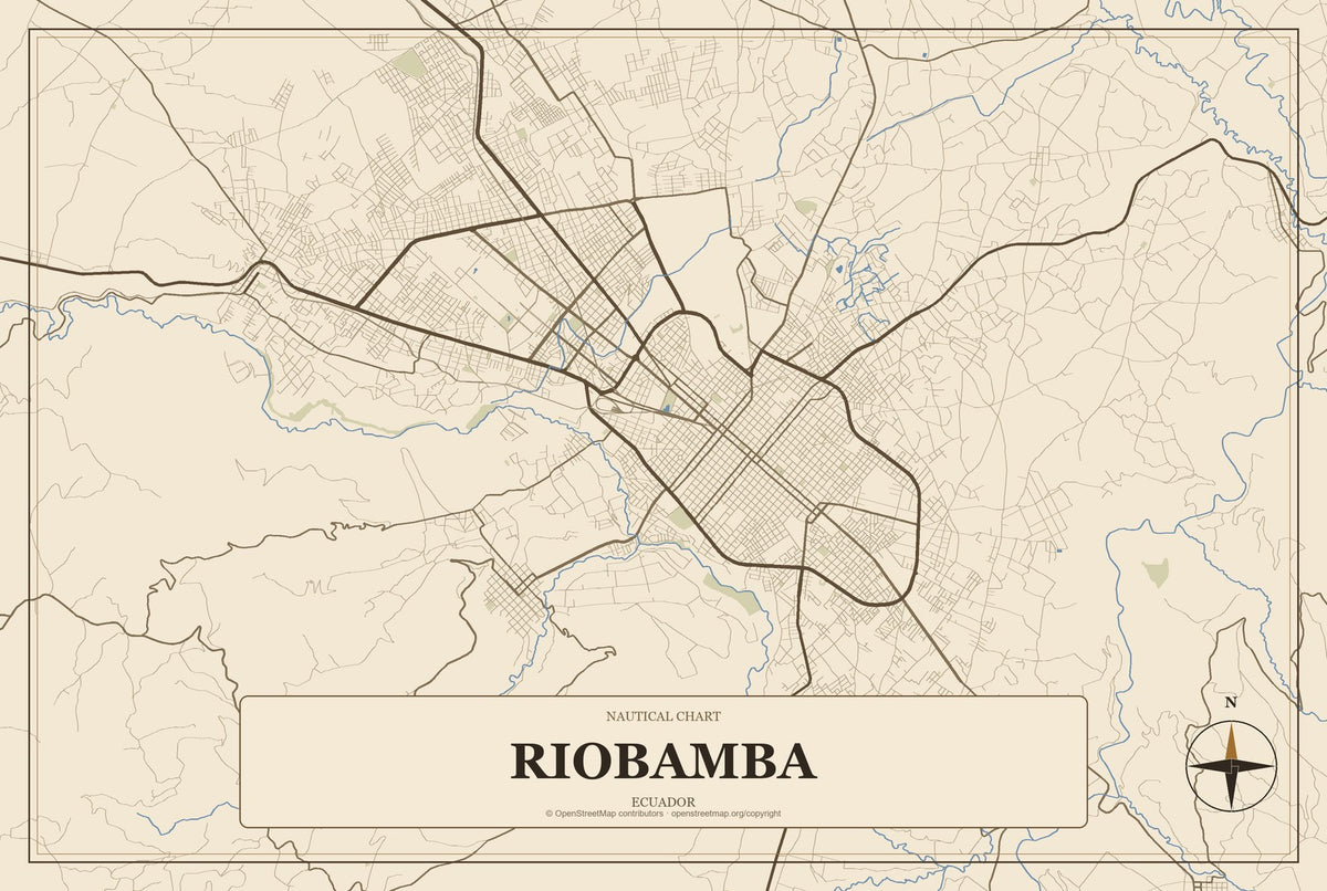 Riobamba, Ecuador City Map Aluminum Sign in Heritage Nautical style