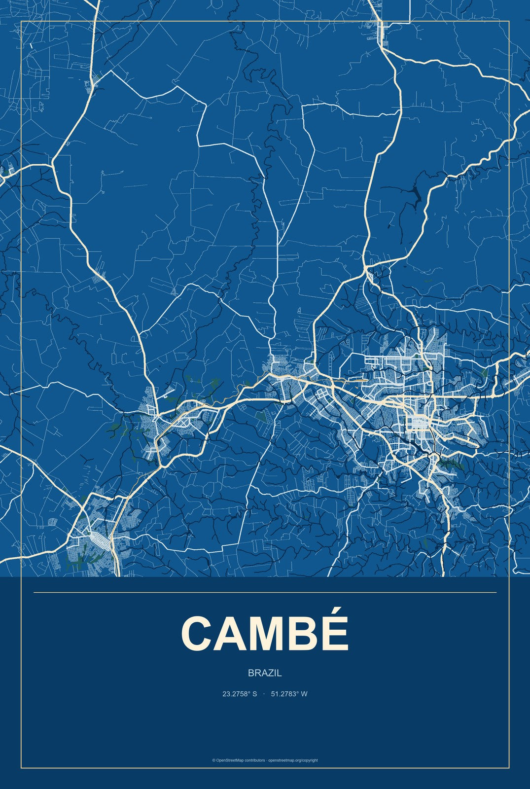 Cambé, Brazil City Map Aluminum Sign in Harbor Cobalt style
