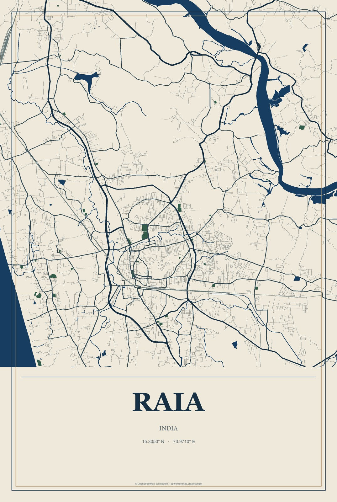 Raia, India City Map Aluminum Sign in Coastal Cutout style