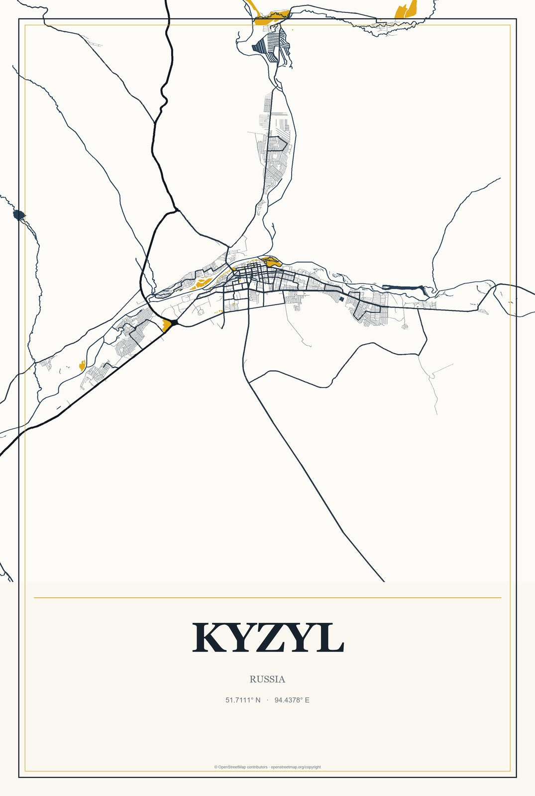 Kyzyl, Russia City Map Aluminum Sign in Citrine Modern style