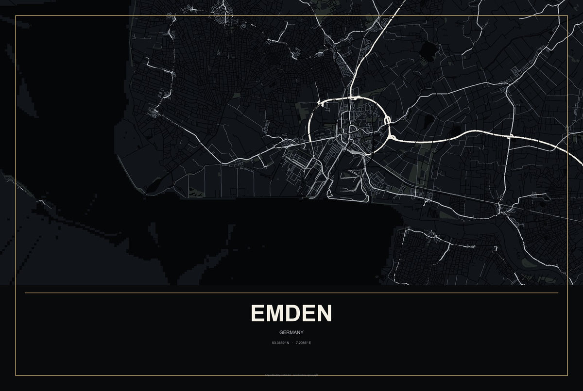 Emden, Germany City Map Aluminum Sign in Metropolitan Noir style
