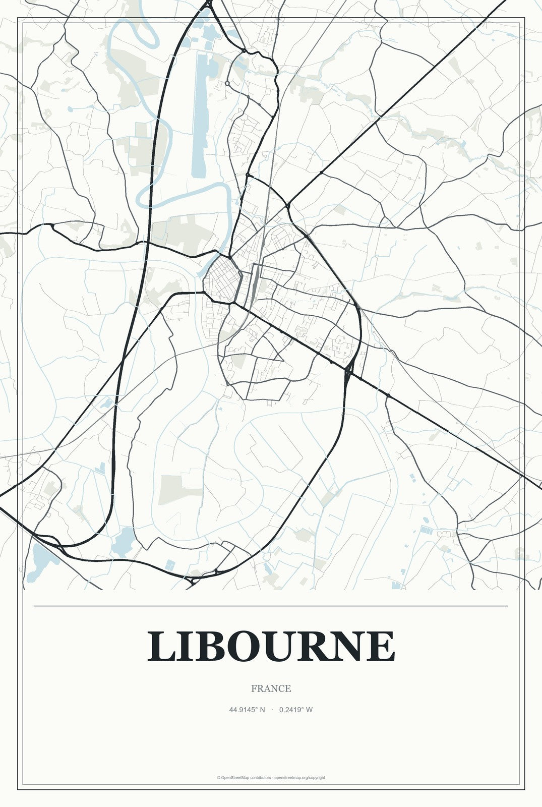 Libourne, France City Map Aluminum Sign in Gallery Air style