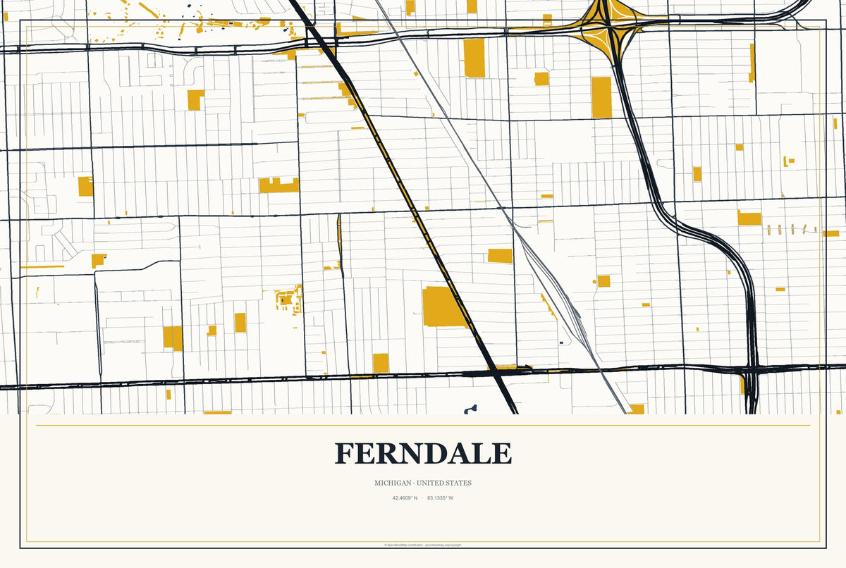 Ferndale, Michigan City Map Aluminum Sign in Citrine Modern style