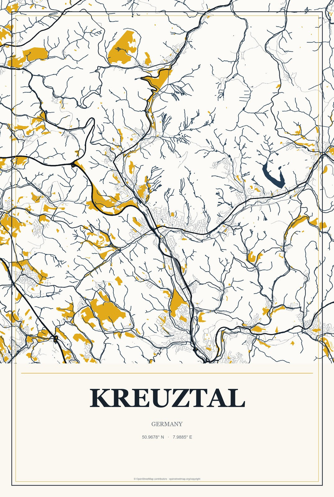 Kreuztal, Germany City Map Aluminum Sign in Citrine Modern style