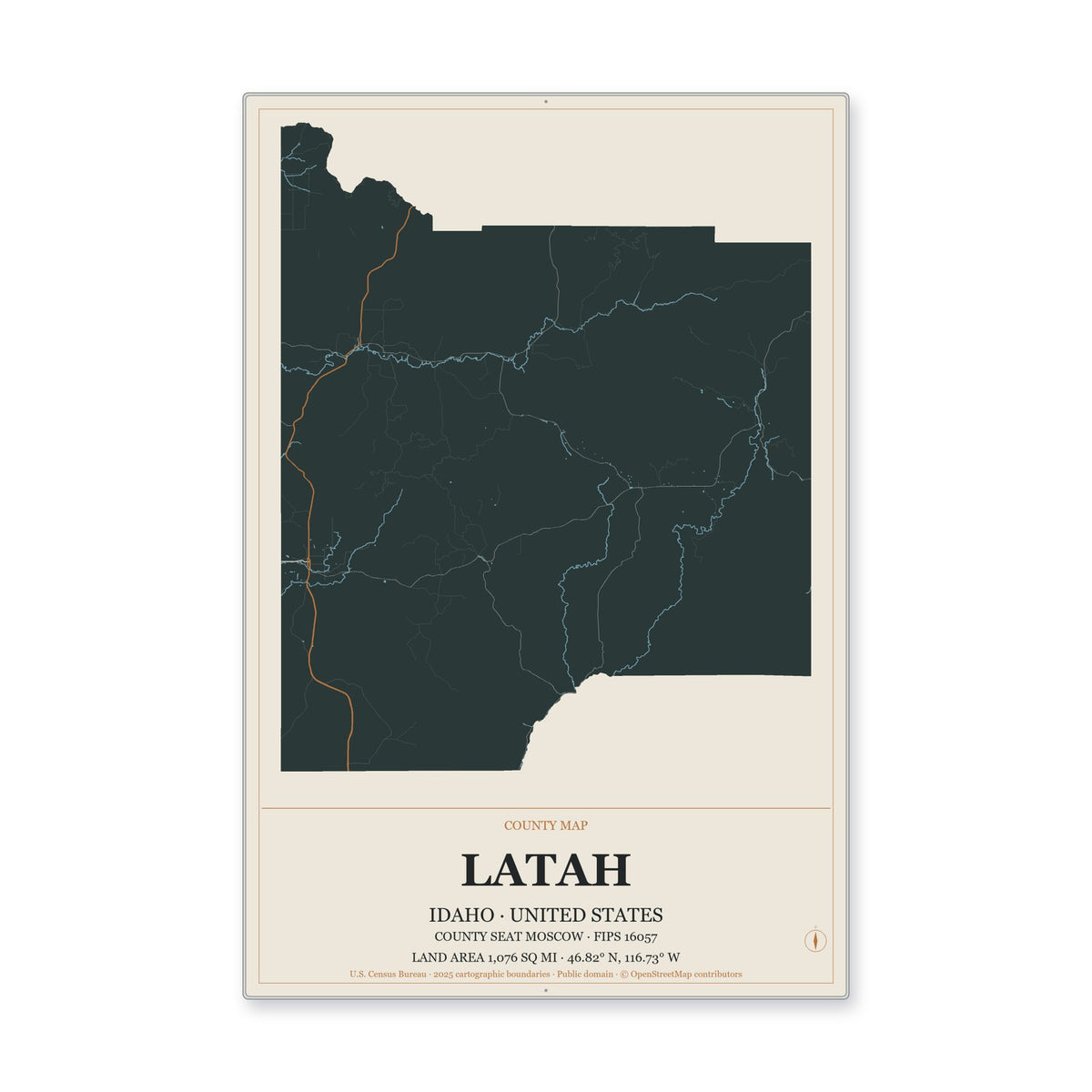Latah County, Idaho Map Aluminum Sign in Headline Atlas style