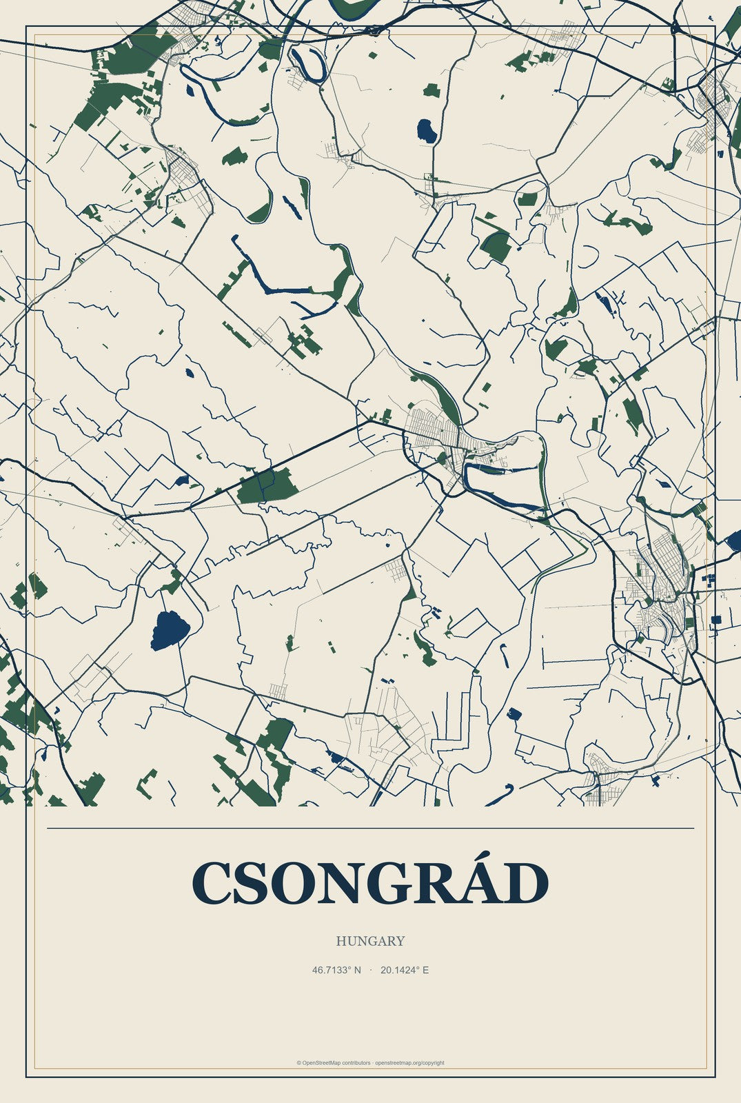 Csongrád, Hungary City Map Aluminum Sign in Coastal Cutout style