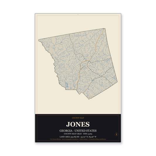 Jones County, Georgia Map Aluminum Sign in Museum Plaque style