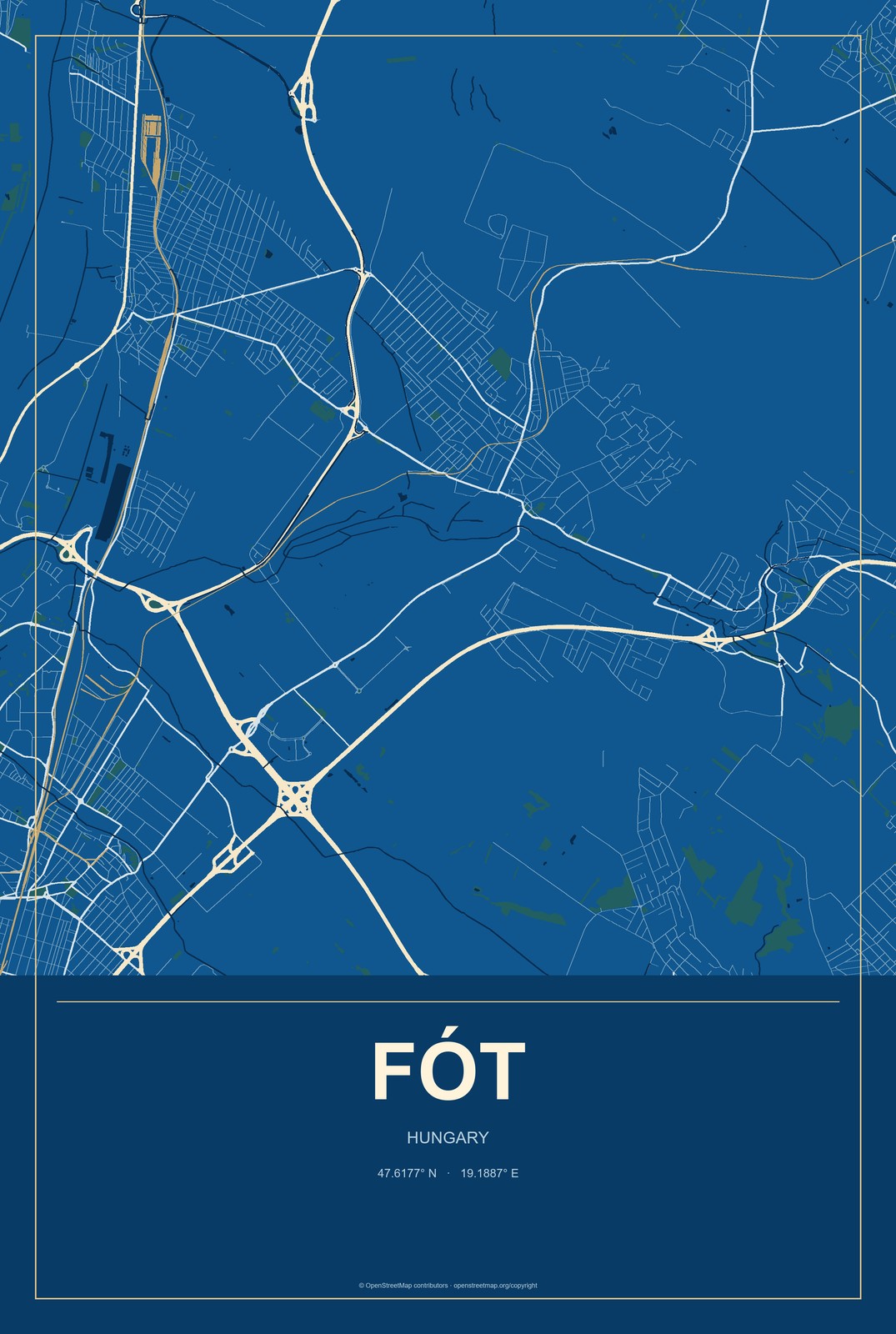 Fót, Hungary City Map Aluminum Sign in Harbor Cobalt style