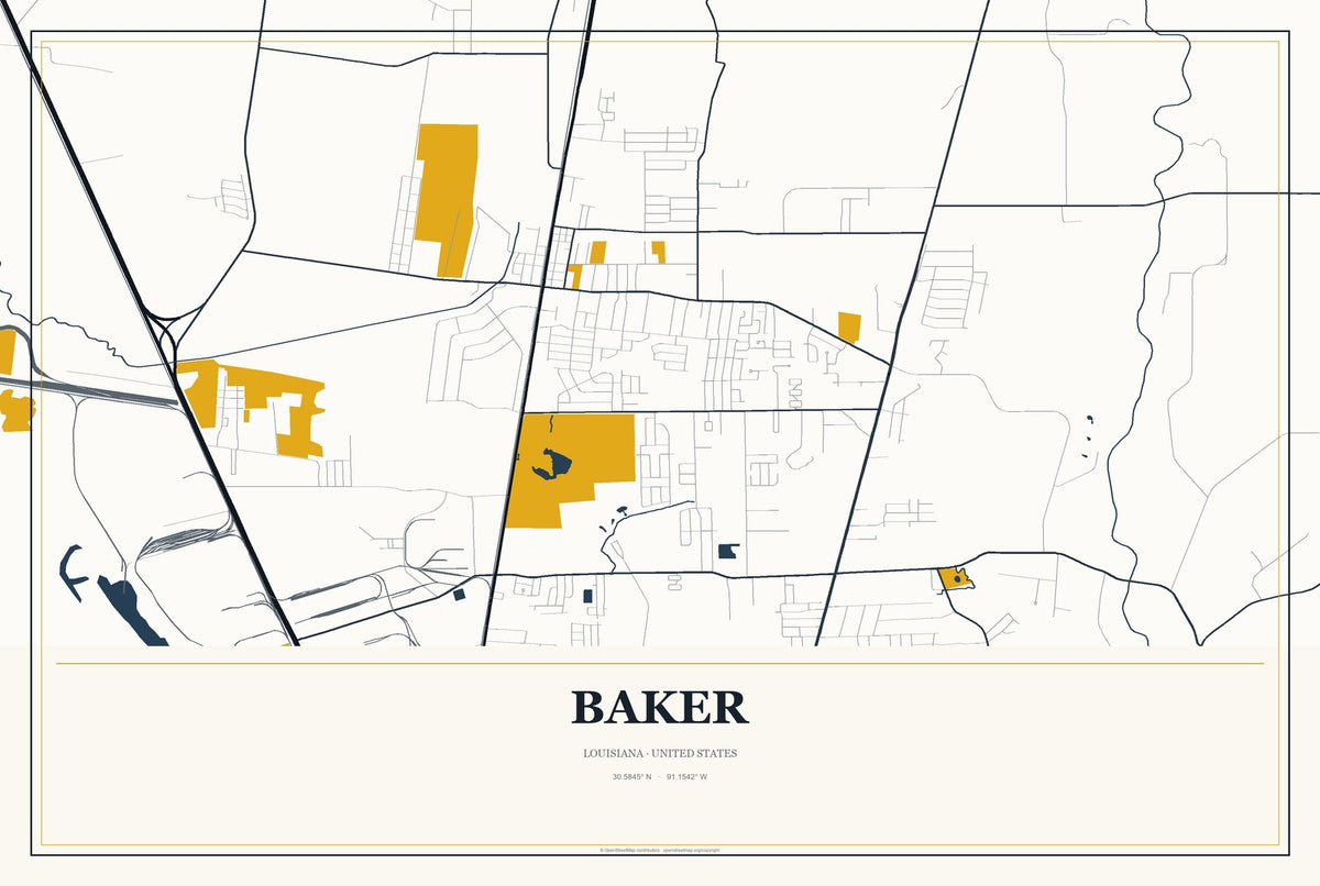 Baker, Louisiana City Map Aluminum Sign in Citrine Modern style