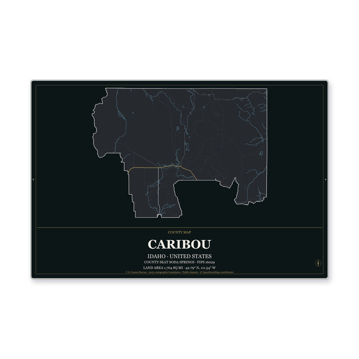 Caribou County, Idaho Map Aluminum Sign in Metropolitan Noir style