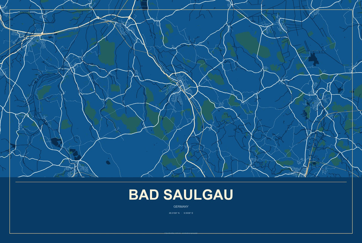 Bad Saulgau, Germany City Map Aluminum Sign in Harbor Cobalt style